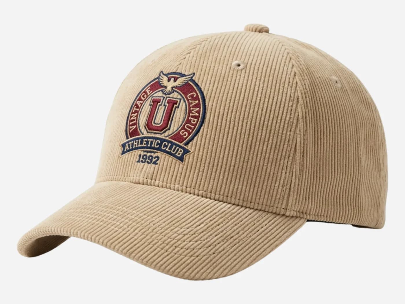 Casquette velours côtelé beige personnalisée, écusson Vintage Campus brodé en relief, atelier parisien